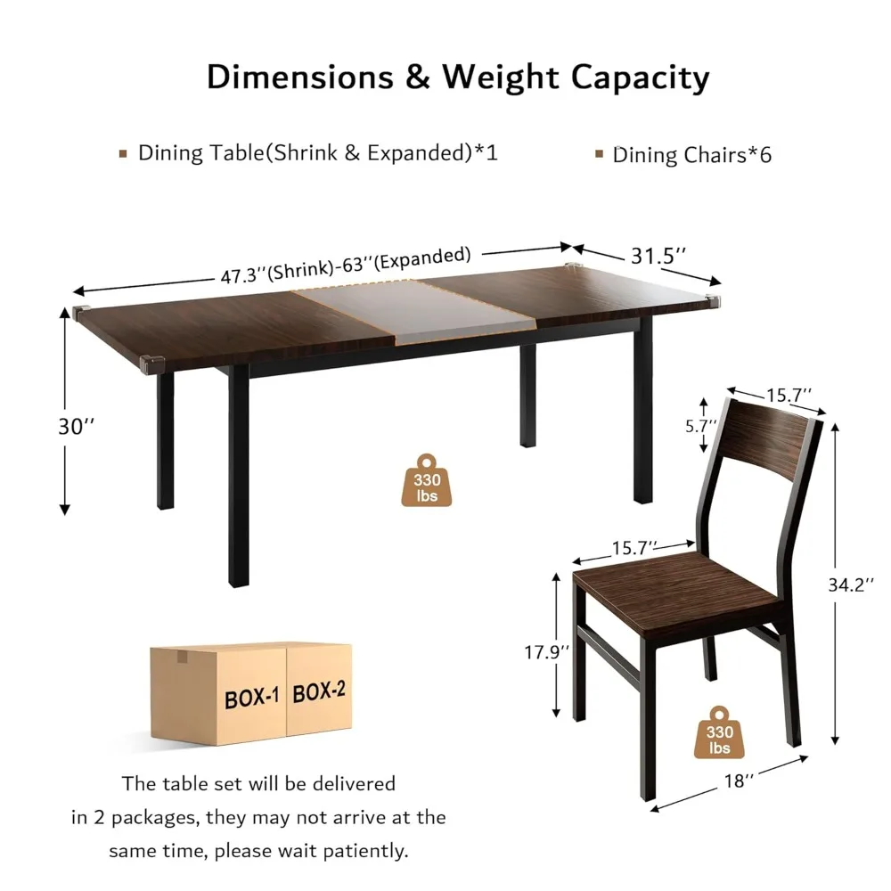 

7 Pieces Dining Table & Chairs Set for 4-6, 63" Extendable Kitchen Table and 6 Chairs, Dining Room Table, Customized