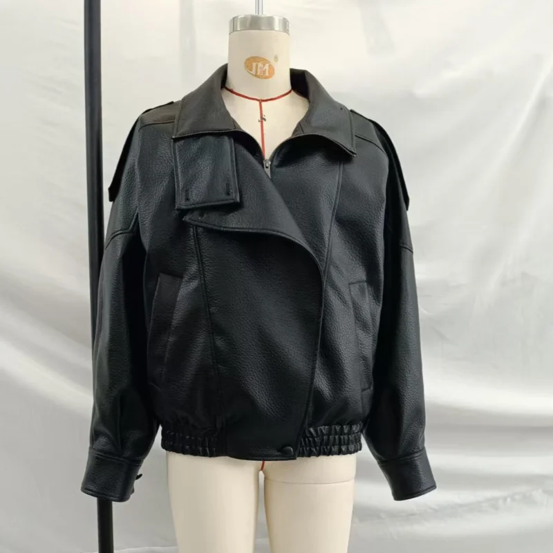 Stylová bunda z umělé kůže se stojáčkem, volný kabát s dlouhým rukávem, stylový ležérní elegantní všestranný svrchní oděv, nový podzimní dámský streetwear - náhled 6