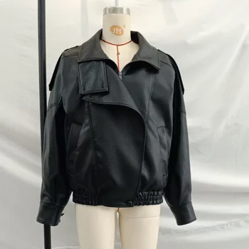 Stylish Pu Leather Jacket Stand-collar Loose Long Sleeved Coat Cool Casual Chic Versatile Outerwear New Autumn Women Streetwear 6