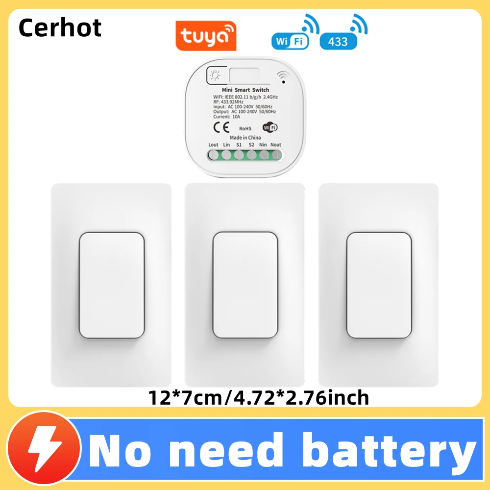 

Cerhot 10A Tuya WiFi Smart Switch Wireless Timer Switch Smart Home Tuya App No Battery Light Switch Work with Google Home Alexa