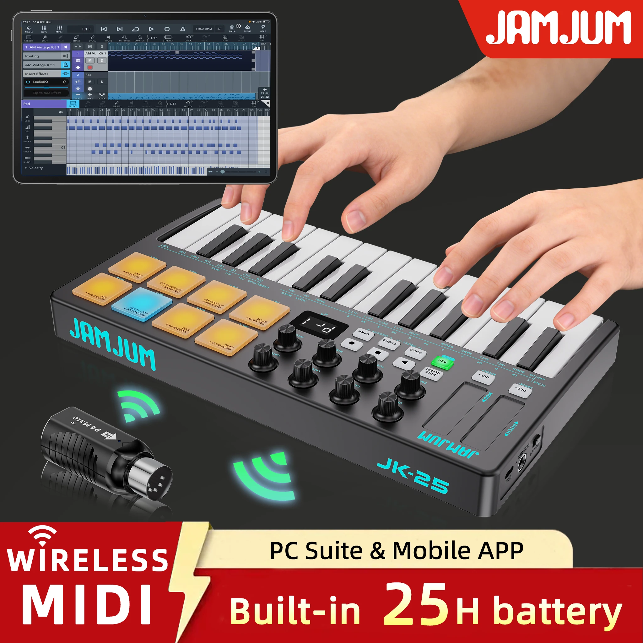 JAMJUM Midi Keyboard 25-Key with Drum Pad/Knob, Wireless Connectivity, DAW Control, Wireless MIDI OUT with a MIDI Receiver