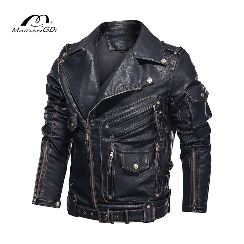 MAIDANGDI New Men's Leather JacketSize Motorcycle Tough Man Multi-Pocket PU Leather Lapel Leather Spring and Autumn Clothing