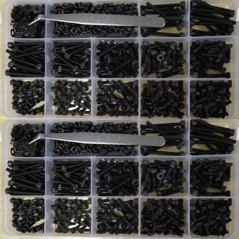 730pcs M3 Nuts M3 Hex Socket Screw Set Carbon Steel Flat Round Cap Head Screws Bolts and Nuts Flat Washer Nuts Male Wrench