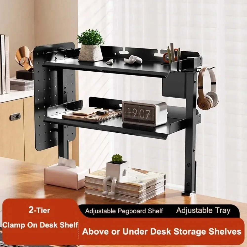 2 Tiers Clamp-on Desk with Pegboard Shelf No Drill Desk Organizer Rack Space Saving Adjustable Metal Desktop Clamp for Office