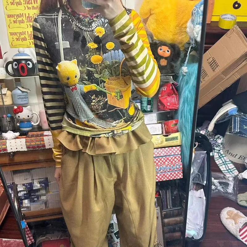 ديبتاون Y2K الكرتون Juminocore التباين اللون مخطط المرأة تي شيرت Kawaii طويلة الأكمام اليابانية 2000s نمط تيز سليم الشباب #2