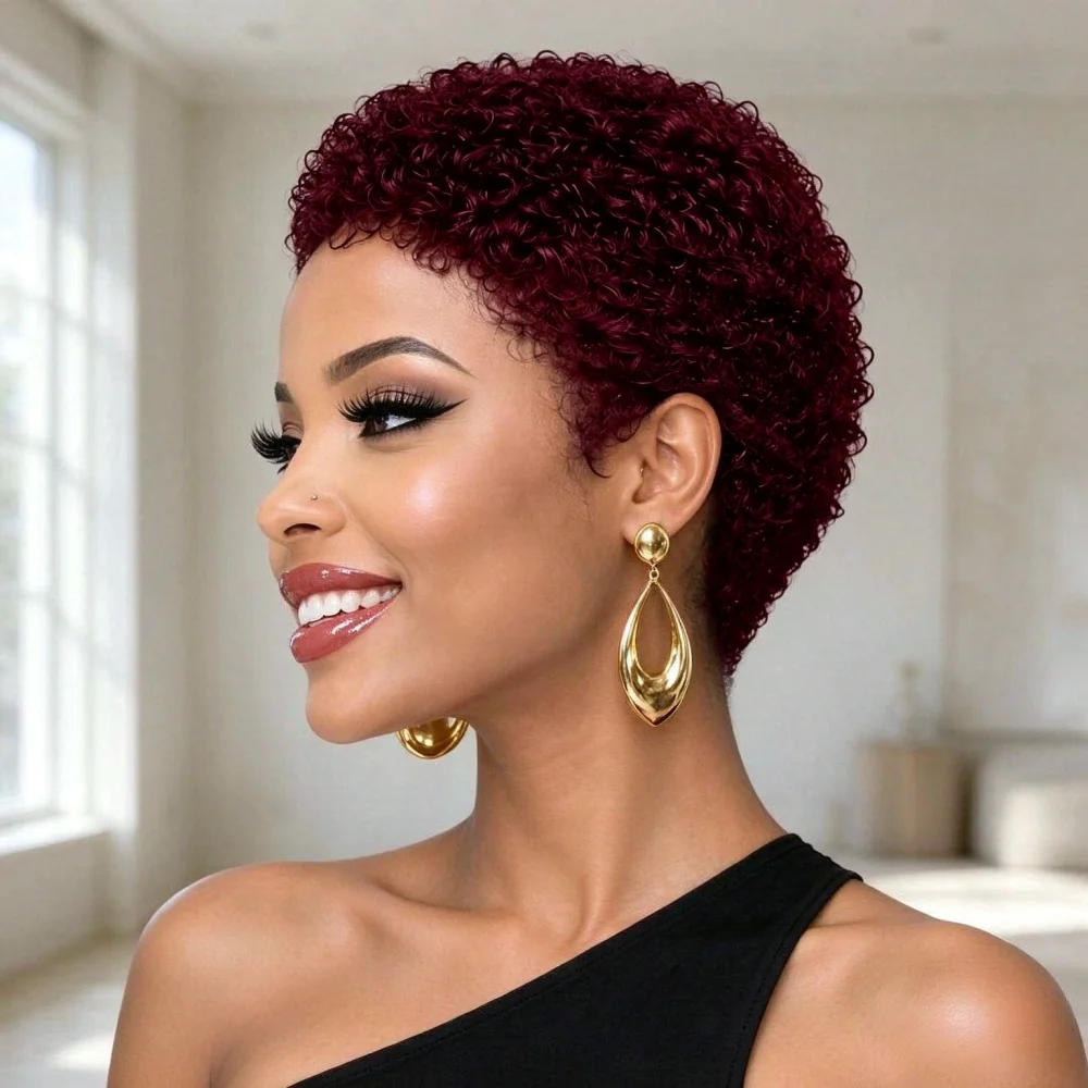 Women Short Curly Human Hair Wig, Full Machine Made Tiny Curly Pixie Wig, Natural Looking Curly Wig For Women, Breathable Wig