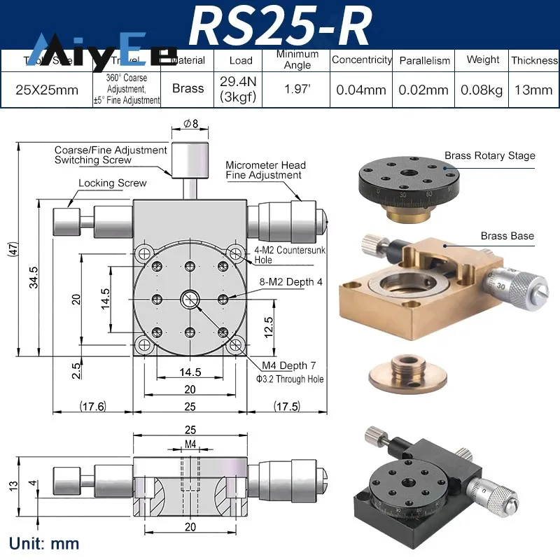 RS25-L Manual Rotation Stage 25mm Precision R-Axis Rotary Table 360° Coarse and ±5° Fine Adjustment