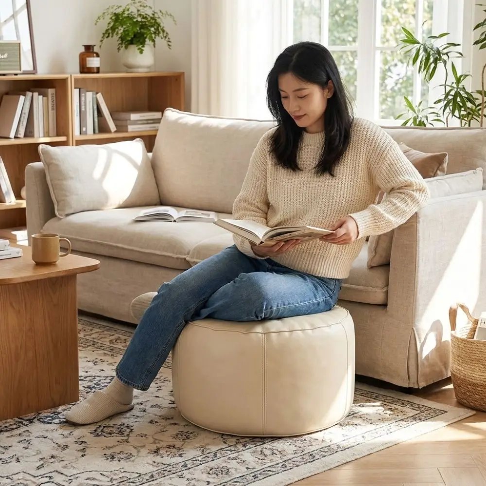 Lazy Sofa Cover PU Leather Pumpkin Pouf Cover Non-Slip Unstuffed Pouf Cover Large Capacity Minimalist Sofa Stool Cover Bedroom