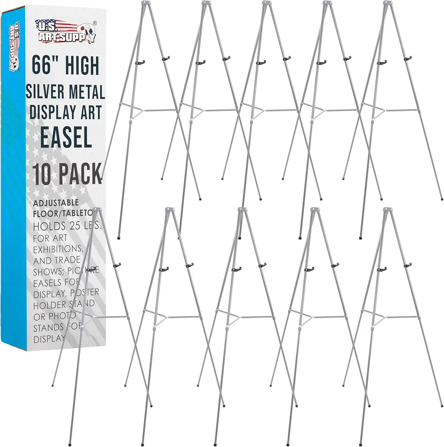 

66" High Silver Metal Display Easel (10 Pack) - Adjustable Height Portable Easel Stand for Floor & Tabletop, Holds 25 lbs