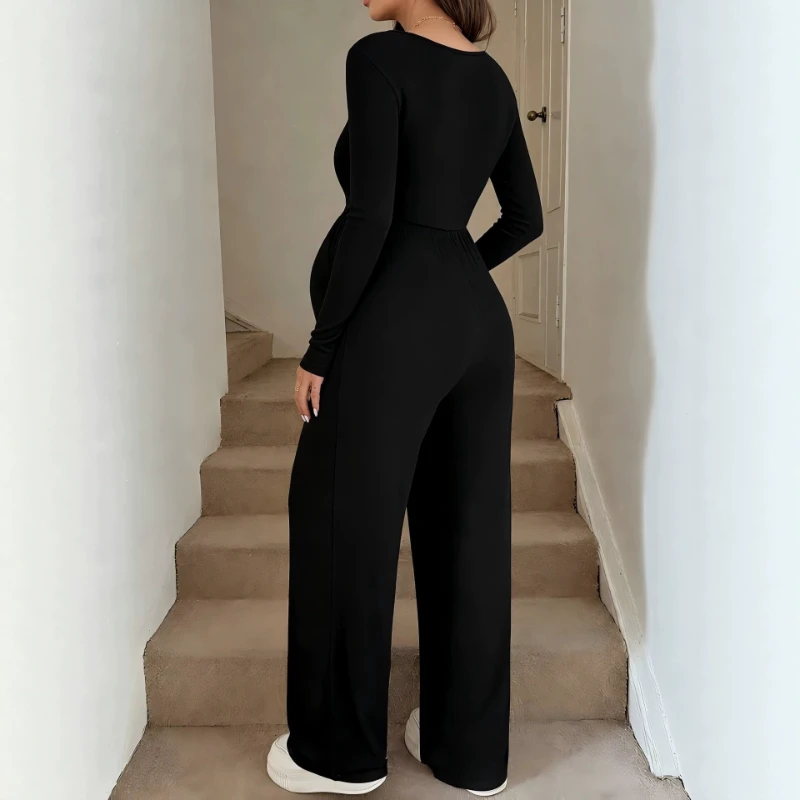 Pregnant Women's Clothing Autumn and Winter New Style Square Collar Long Sleeved Knitted Pants Nursing Jumpsuit