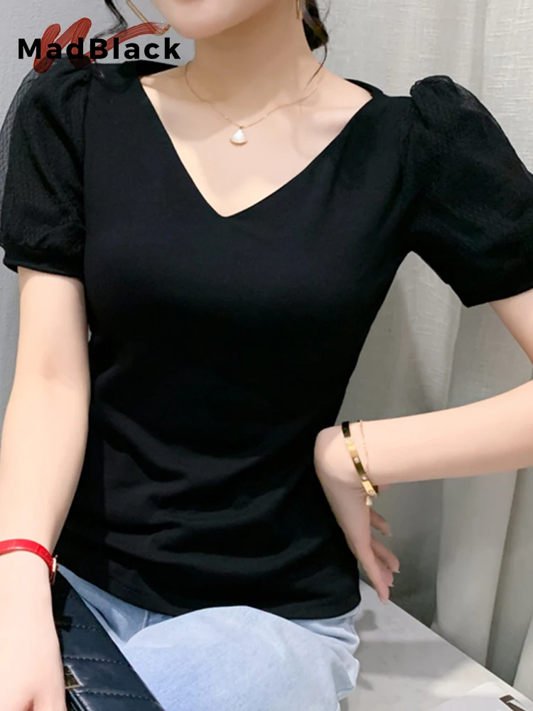 MadBlack 2023 Summer V Necks Tshirts European Clothes Sexy Ruched Women Slim Cotton Tops Short Puff Sleeve Bottoming Tee T33511X