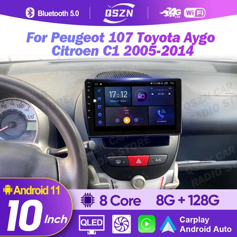 

QSZN Android 12 Car Radio For Toyota Aygo Peugeot 107 Citroen C1 2005-2014 Multimedia Video Player GPS AI Voice CarPlay Autoradi