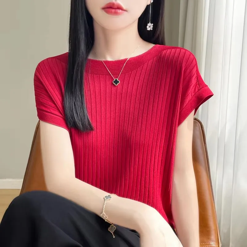 2026 Fashion Slash Neck Women Sweater Ice Silk Spring Summer Knitted Sweater Loose Casual Korean Shirts Short Sleeve Knitwears