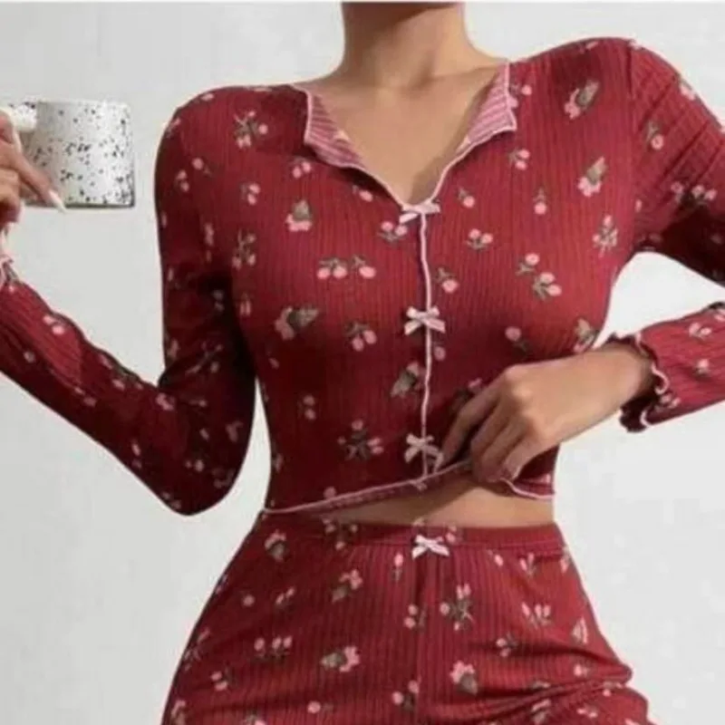 Women\'s Sleepwear Suit Vintage Floral Print  Lettuce Trim Top with Pant Loungewear Full Sleeve Casual Nightwear Pajamas Set