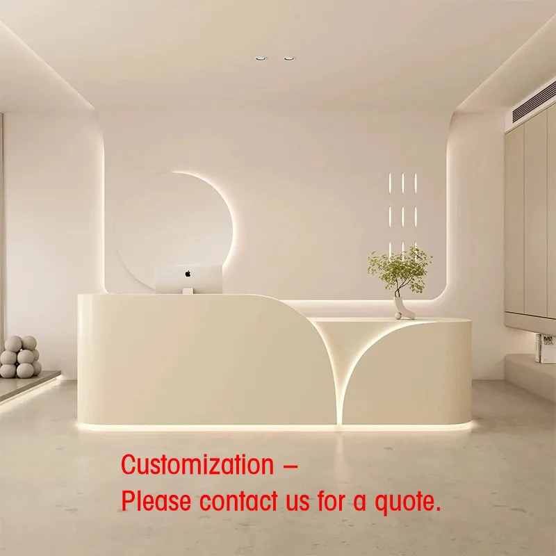 custom.Modern High-End Wooden Oval Reception Desk Storage Lights Mall Hotel Lobby Clothing Commercial Spa
