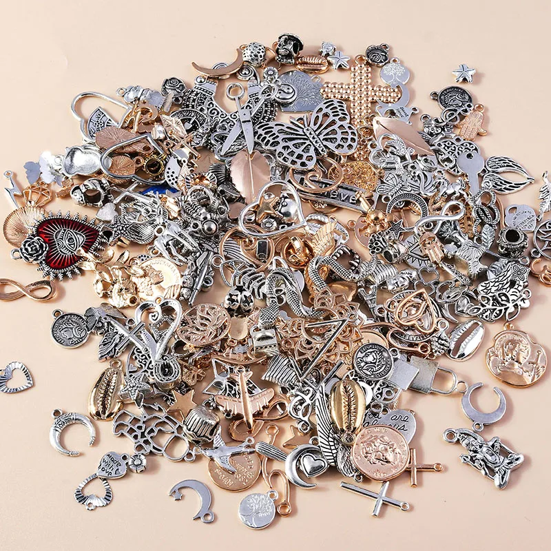 Random Mixed Alloy Pendants Gold Silver Plated Animal Flower Charms Heart Cross Eye Moon Pendants for DIY Jewelry Making Craft