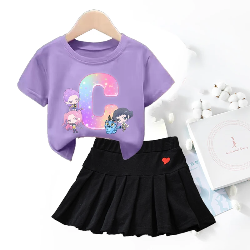 

KPop Demon Hunters Girl T-shirt+Short Skirt Set Letter A-Z Dress Slimming Trendy Folding Skirt Children Birthday Baby Clothes