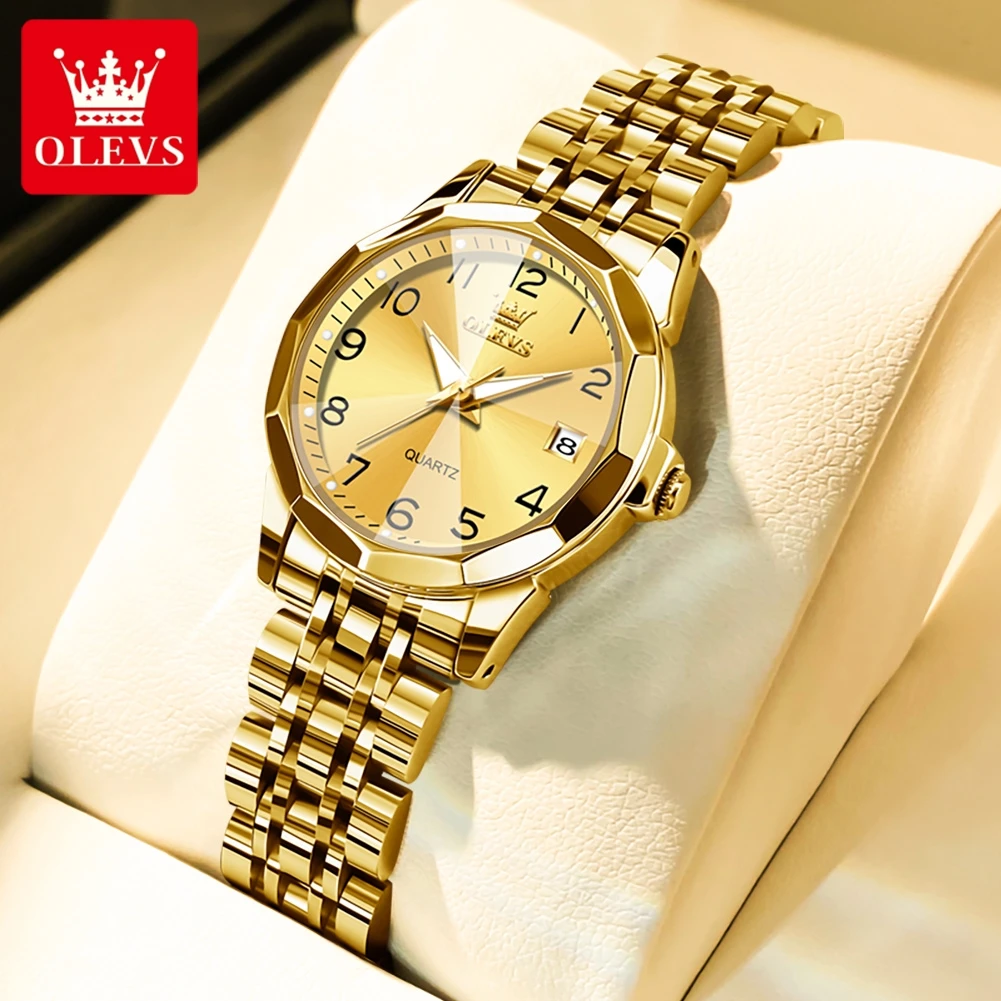 OLEVS 9970 Luxury Quartz Watch for Women Rhombus Mirror Digital Dial Calendar Original Stainless Steel Waterproof Wrist Watches