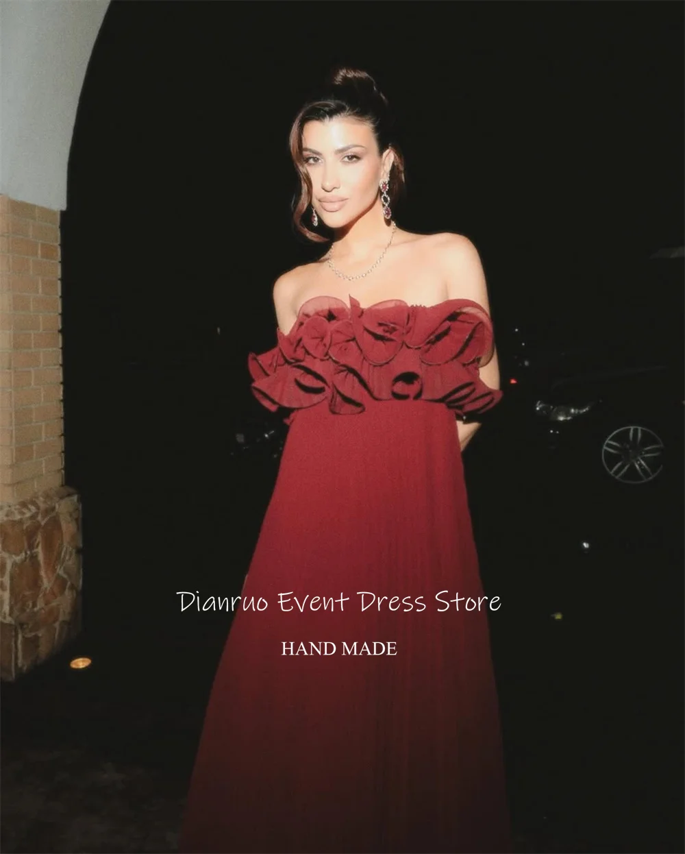 Dianruo красное трапециевидное свободное вечернее платье без бретелек, длинные вечерние платья с рюшами, шифоновые платья без рукавов для женщин, 2025 по индивидуальному заказу