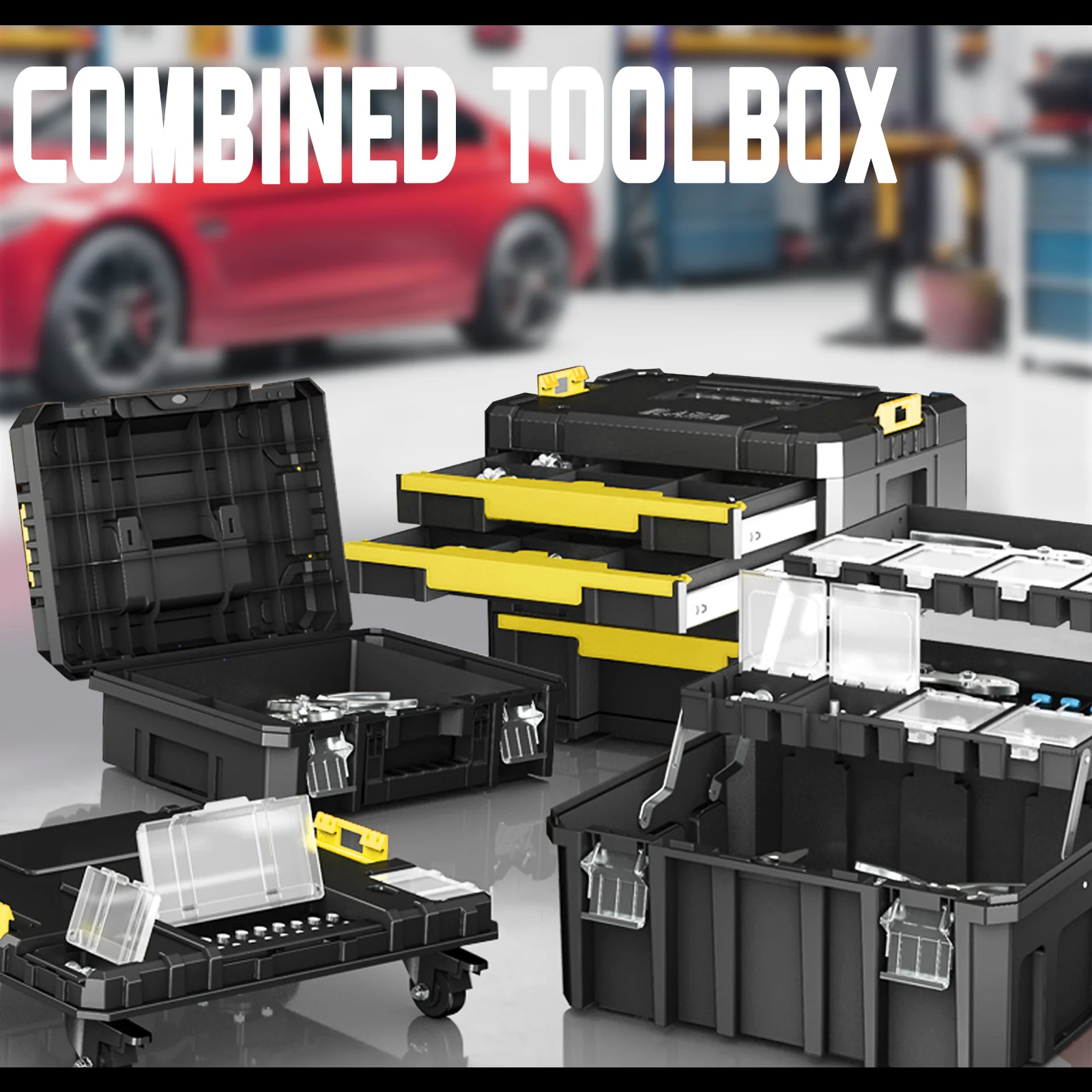 AIRAJ Stackable Tool Boxs  FlatTop Lockable Storage Tote Toll Storage Drill Driver Wrench Hammer Angle Grinder With pulleys BOX