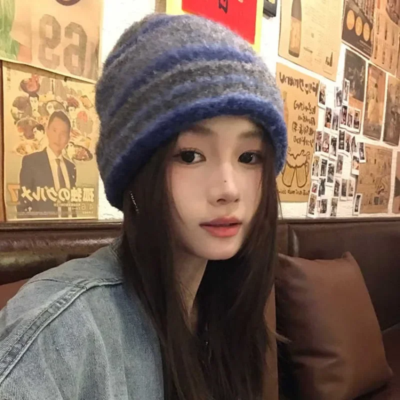 

Японский полосатый вязаный пуловер в стиле ретро для мужчин и женщин, зимняя защита ушей и теплая шапка-бини с черепом для катания на лыжах Gorras