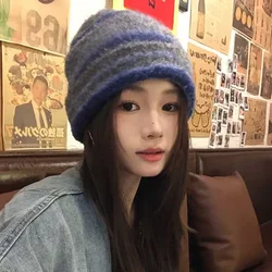 Japanese Retro Striped Knitted Pullover Hat for Men and Women, Winter Ear Protection and Warm Skiing Skull Beanie Cap Gorras