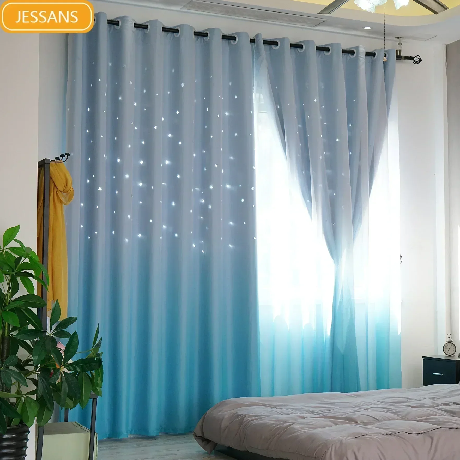 Children's Room Double Layer Hollowed Out Star Gradient Window Screen Curtains for Living Room Bedroom Partition Curtains