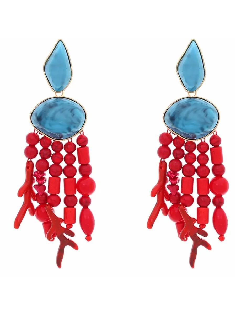 

Серьги ручной работы с бусинами и коралловыми кисточками, бирюзовые этнические модные украшения, висячие серьги, женские аксессуары