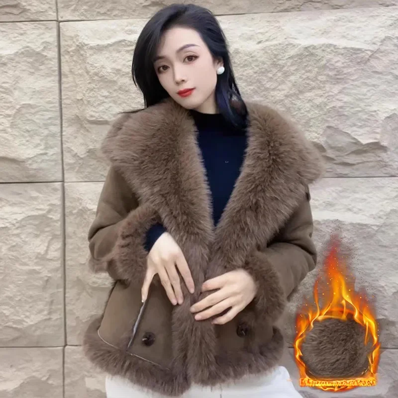 

2025Зимние женские короткие замшевые топы, пальто, корейская женская куртка из искусственной кожи с длинными рукавами, женская однотонная свободная кожаная верхняя одежда