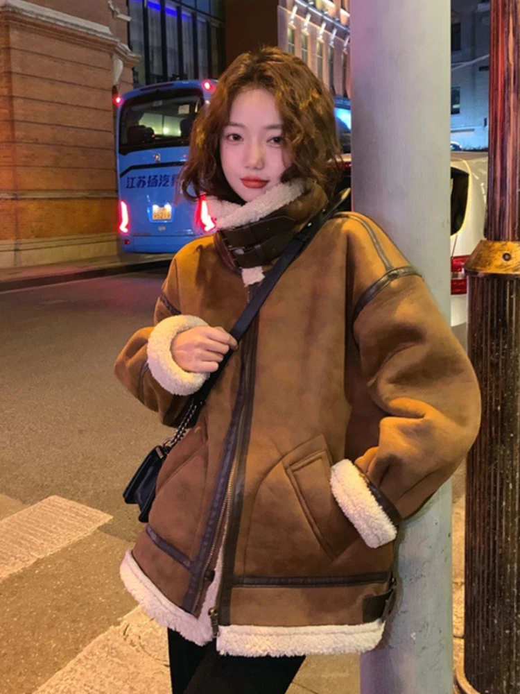 

Korobov Women Stand Collar Imitation Lambwool Coat Female Winter 2022 Korean Style Jacket Loose Plus Velvet Thick Chaquetas