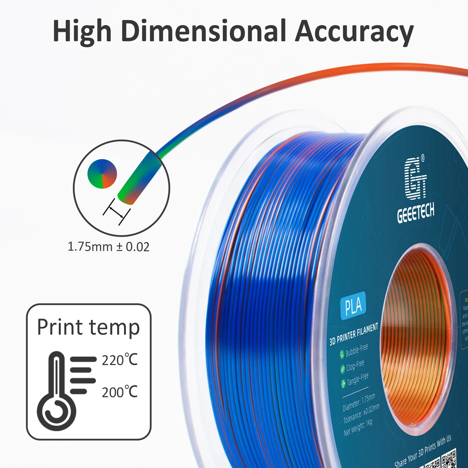 Geeetech 5Kg Trójkolorowy Jedwabny Filament PLA, Filament 3D 1,75 mm Szpula (+/-0,03 mm) Pakowany próżniowo, Specjalny Kolor — zdjęcie produktu 5