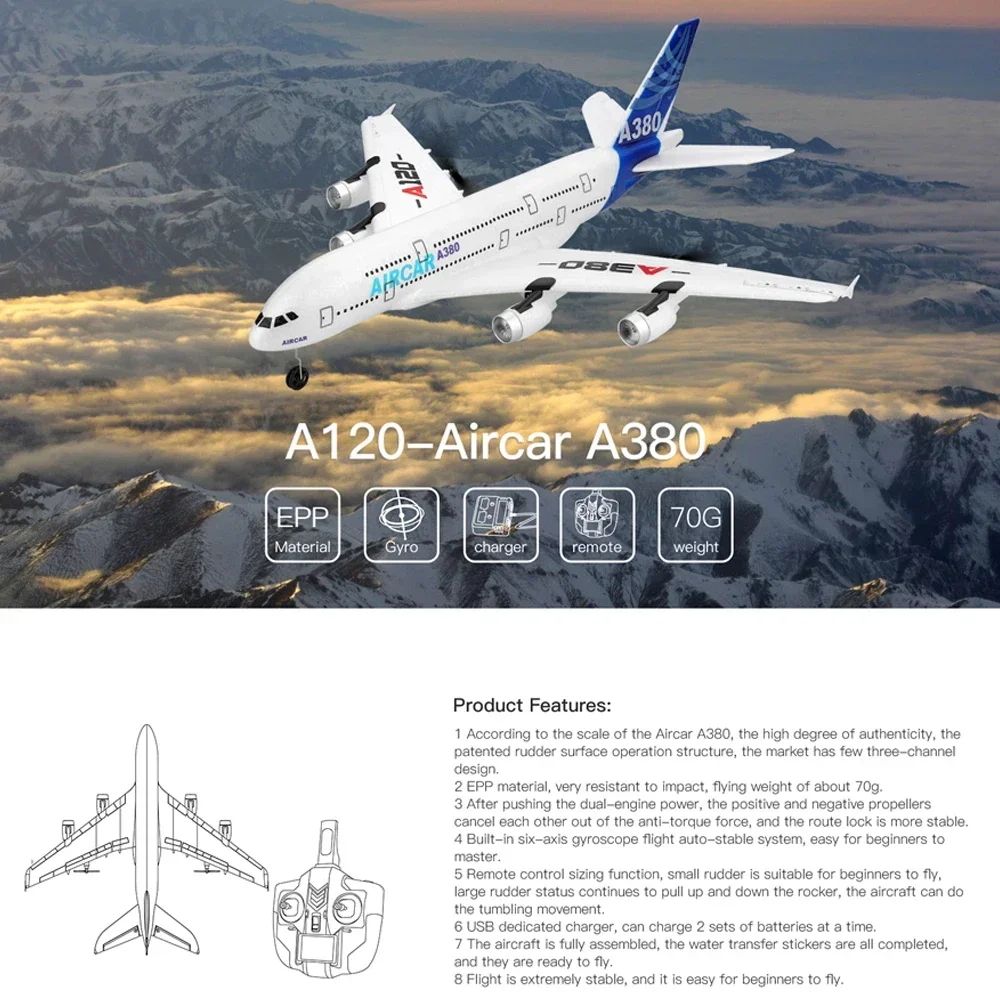 Anti-Crash Wltoys XK A120 RC Plane | 3CH 2.4G EPP Fixed-Wing RTF Airbus A380 Remote Control Outdoor Toy for Kids High Quality