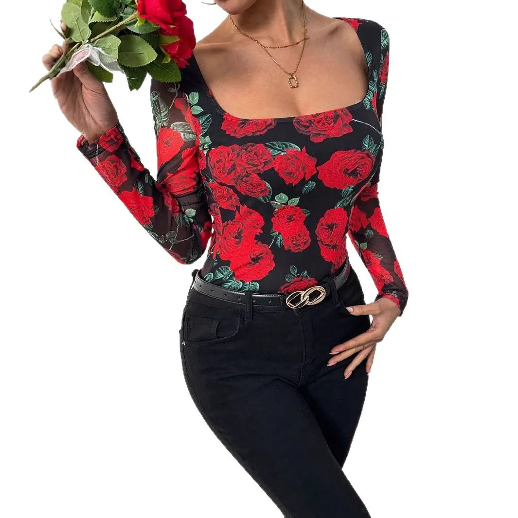 Cross-border 2025 Autumn and Winter New Women's French Romantic Rose Flower Mesh Printing Sexy U-neck T-shirt Cw52273