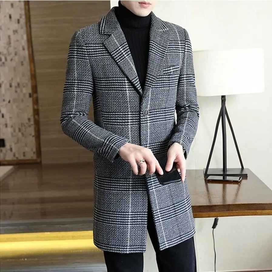 Casaco fino de xadrez masculino, sobretudo estilo britânico, roupa de homem, bonito, longo, high-end, novo, outono, inverno, 2022