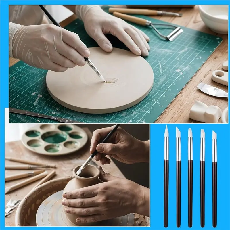 Mach-ferramentas flexíveis de escultura em argila, 15 pacotes de pincéis de silicone para artesanato, 5 formatos de cabeça para cerâmica e escultura