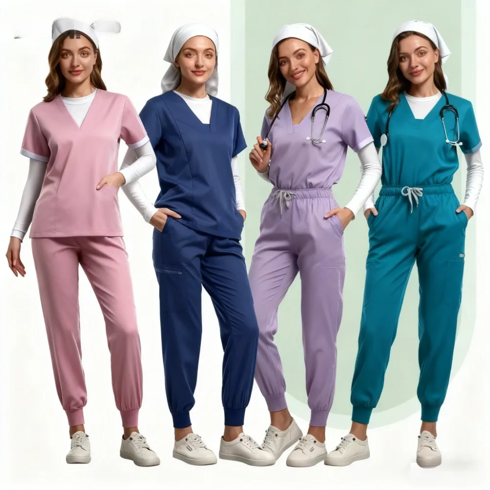 

Women's New Scrubs Collection - Breathable Thin Scrub Tops with Elastic Waist Pants, Doctor Nurse Workwear Overalls