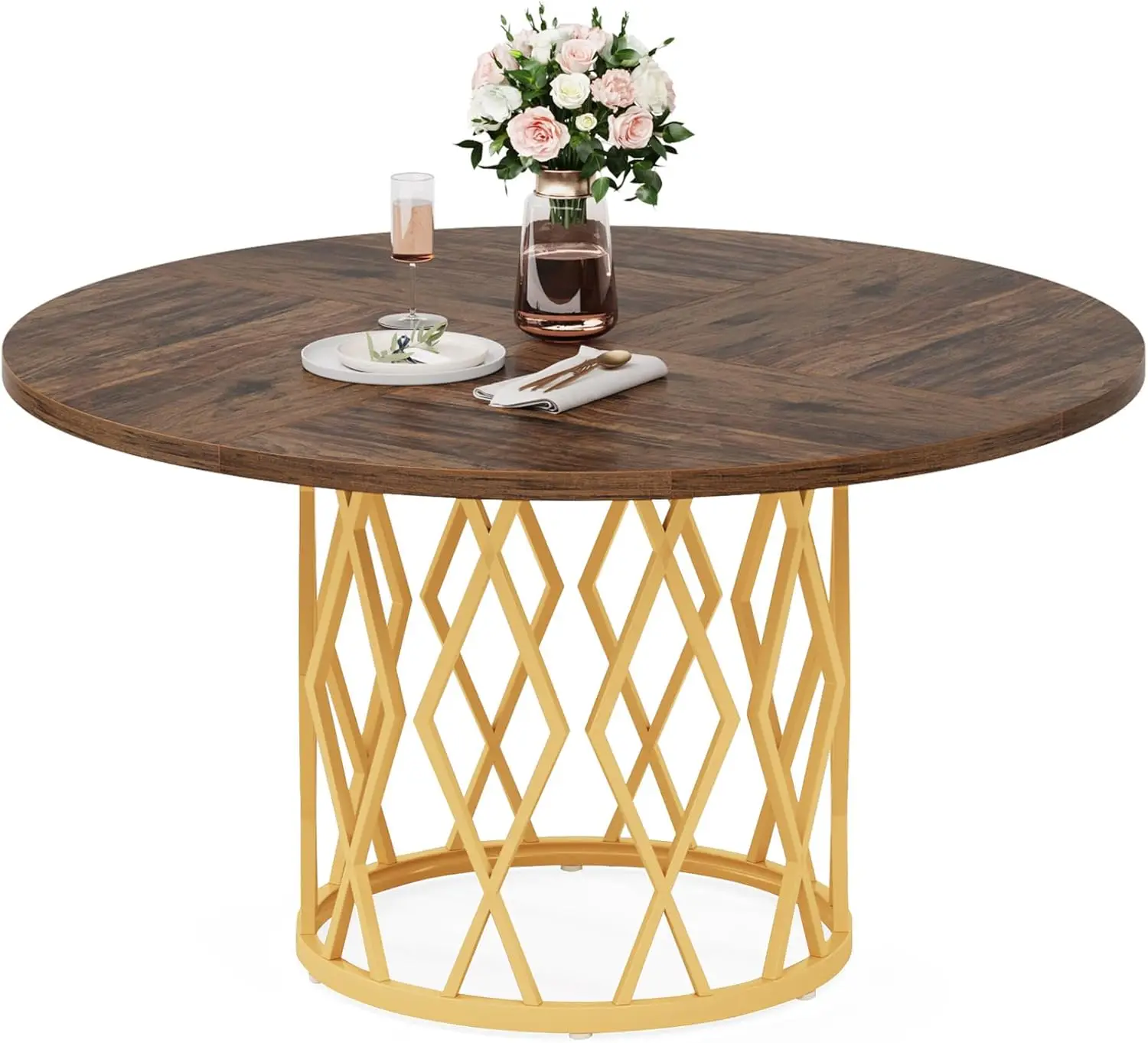 47-Inch Round Dining Table for 4-6 People, Farmhouse Circle Round Kitchen Dinner Table with Metal Base for Kitchen, Dining Room