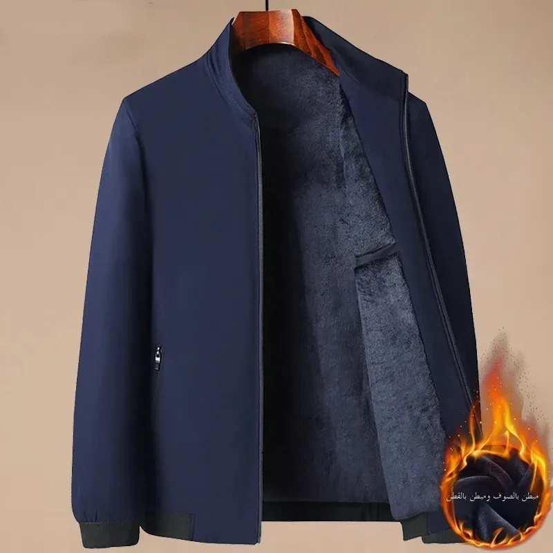 

Thiened Fce Men's Jaet for Middle-Aged And ly Warm Cotton Coat Long Zipper Closure Stand Collar Autumn Winter Out...