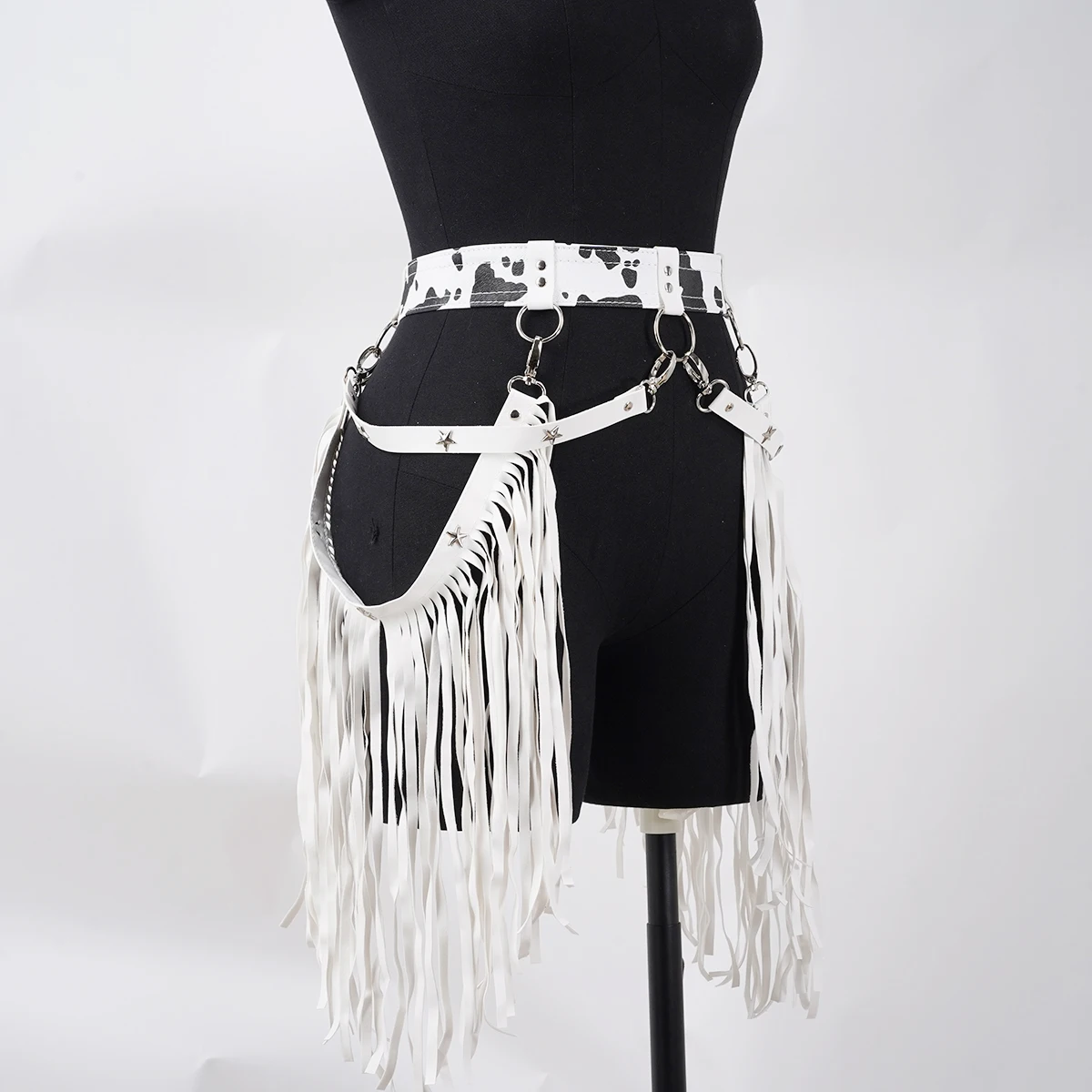 Women Sexy Harness Belt Denim printed white Tassels Short Leather Skirt PuLeather Punk Gothic Cowboy Girl Wild Holiday Attire