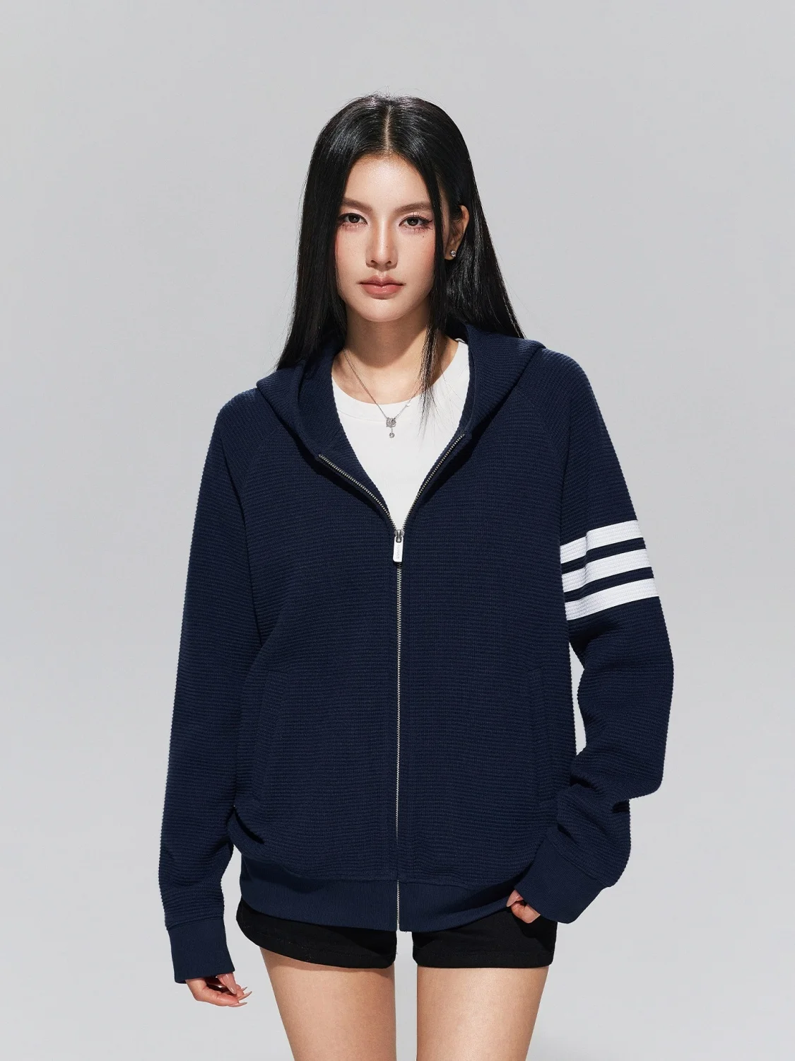 American Retro Texture Hoodie Knitted Jacket Women's Spring Autumn Simple Three Bars Open Cardigan Sweatshirt Casual Style