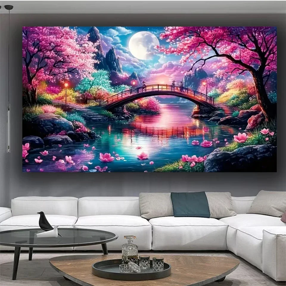 Pink Sakura Flowers Tree Landscape Diamond Painting Kit Diy Crafts Full Square Diamond Art Mosaic Diamond Embroidery Home Decor