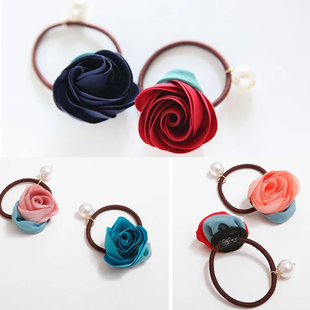 

5Pcs Rose Flower Hair Ties for Elegant Elastic Ponytail Ropes Holders Cute Hair Ring Accessories Wear