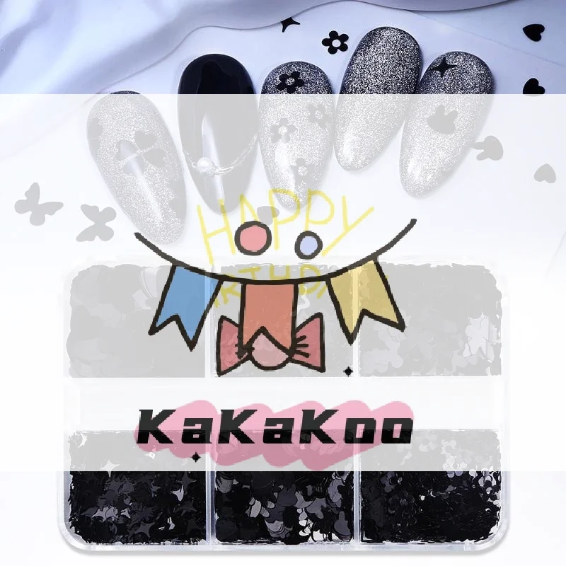 6 rejillas negras en forma de corazón mariposa estrella brillo de uñas decoración mixta copos de manicura Paillettes impresionante Seqiuns DIY manicura de uñas