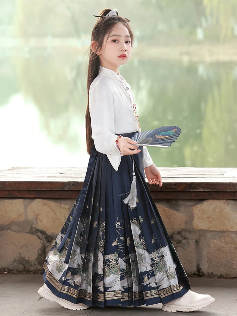 2024 New Arrival Blue Vinatge Ancient Tang Suit Hanfu Cute Girls Horse Face Skirt Sweet Kids Princess Chinese Traditional Dress