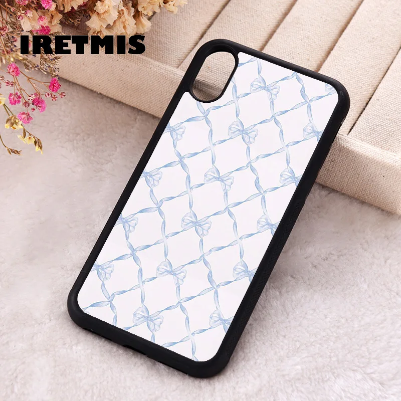 Iretmis Phone Cover Case For iPhone X XS Max XR 11 12 13 PRO MINI 14 15 16 Plus Rubber Silicone Blue Ribbon Trellis