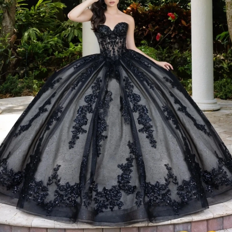 

Black Shiny Quinceanera Dresses Ball Gown Off The Shoulder Applique Lace Beads Corset Tull Party Birthday Sweet 16 Vestidos 15