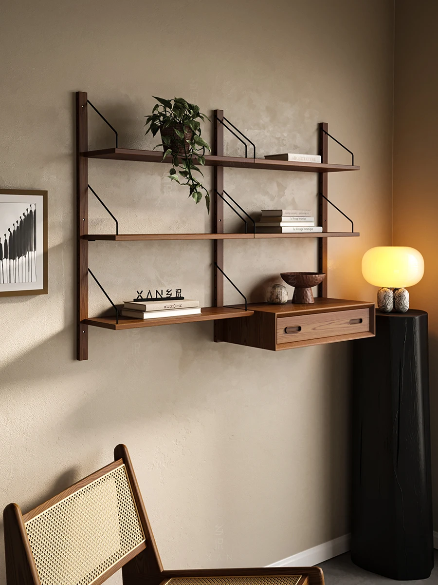 Retro simple bookshelf living room bedroom ornament decoration wall solid wood display rack