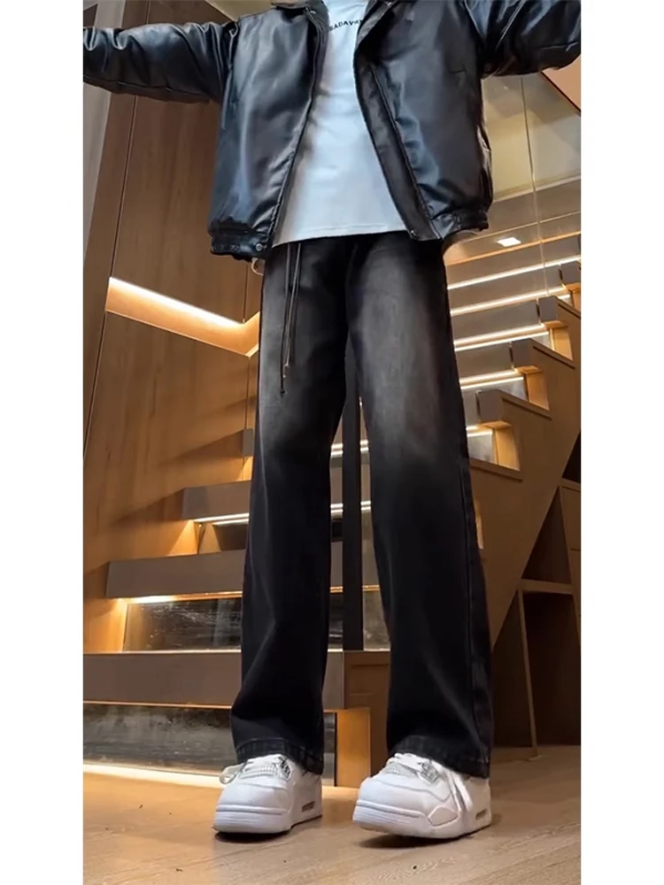 

Retro American Sle adient Bla ey Men's Jeans Loose Straight Leg Long Trousers Youth Faion Brand Casual Denim Jeans
