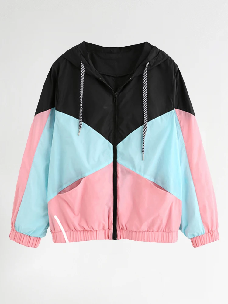 

Women Long Sleeve Zipper Pockets Casual Sport Coat multi Color cut and sew windbreaker with hood Color block Coats