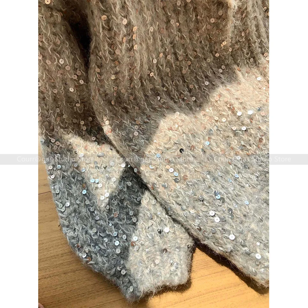 Advanced sense of sequins hooded knitted cardigan jumper jacket female 2024 autumn and winter lazy wind soft sticky tops